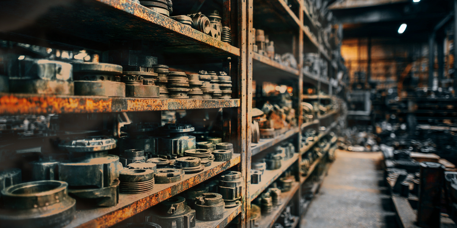 Large industrial warehouse with rows of spare parts shelving