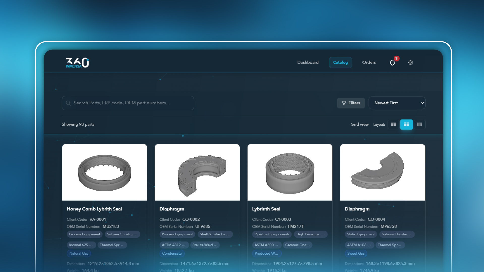 Digital spare parts inventory dashboard showing CAD files and manufacturing parameters