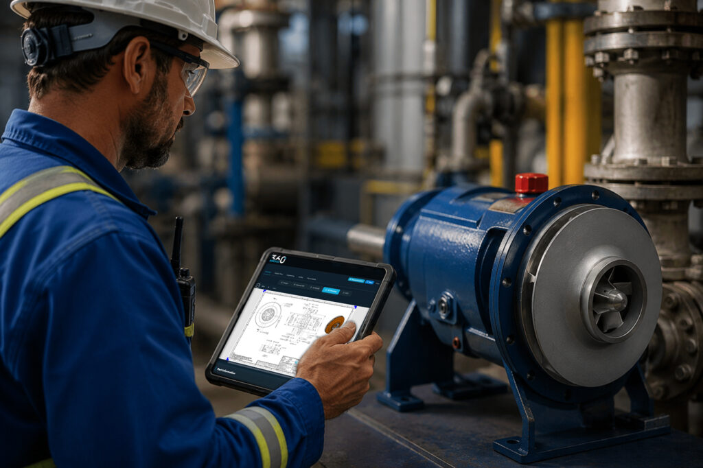 Energy operations engineer verifying spare part data for Immensa digital inventory