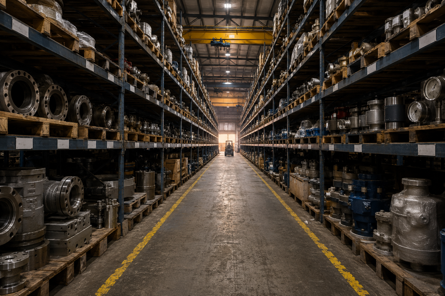 Industrial warehouse spare parts inventory shelving supporting energy operations
