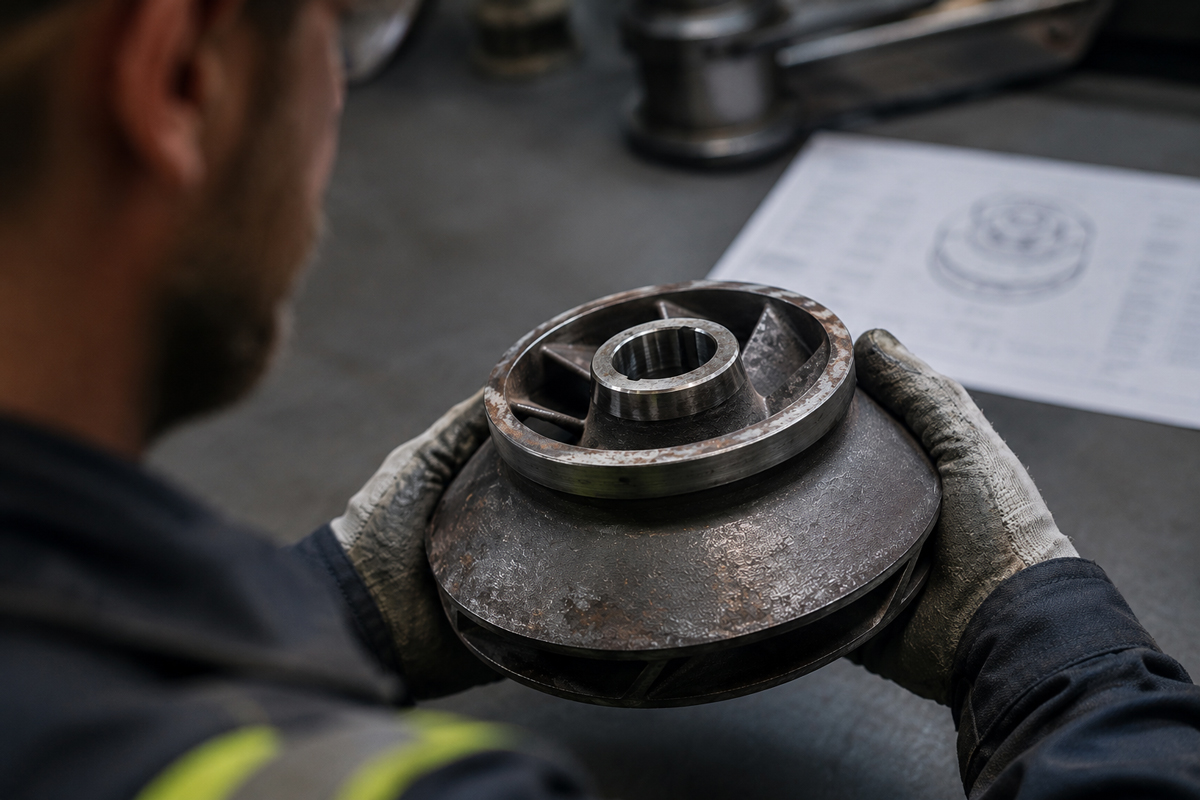Maintenance engineer inspecting an obsolete spare part in an industrial facility