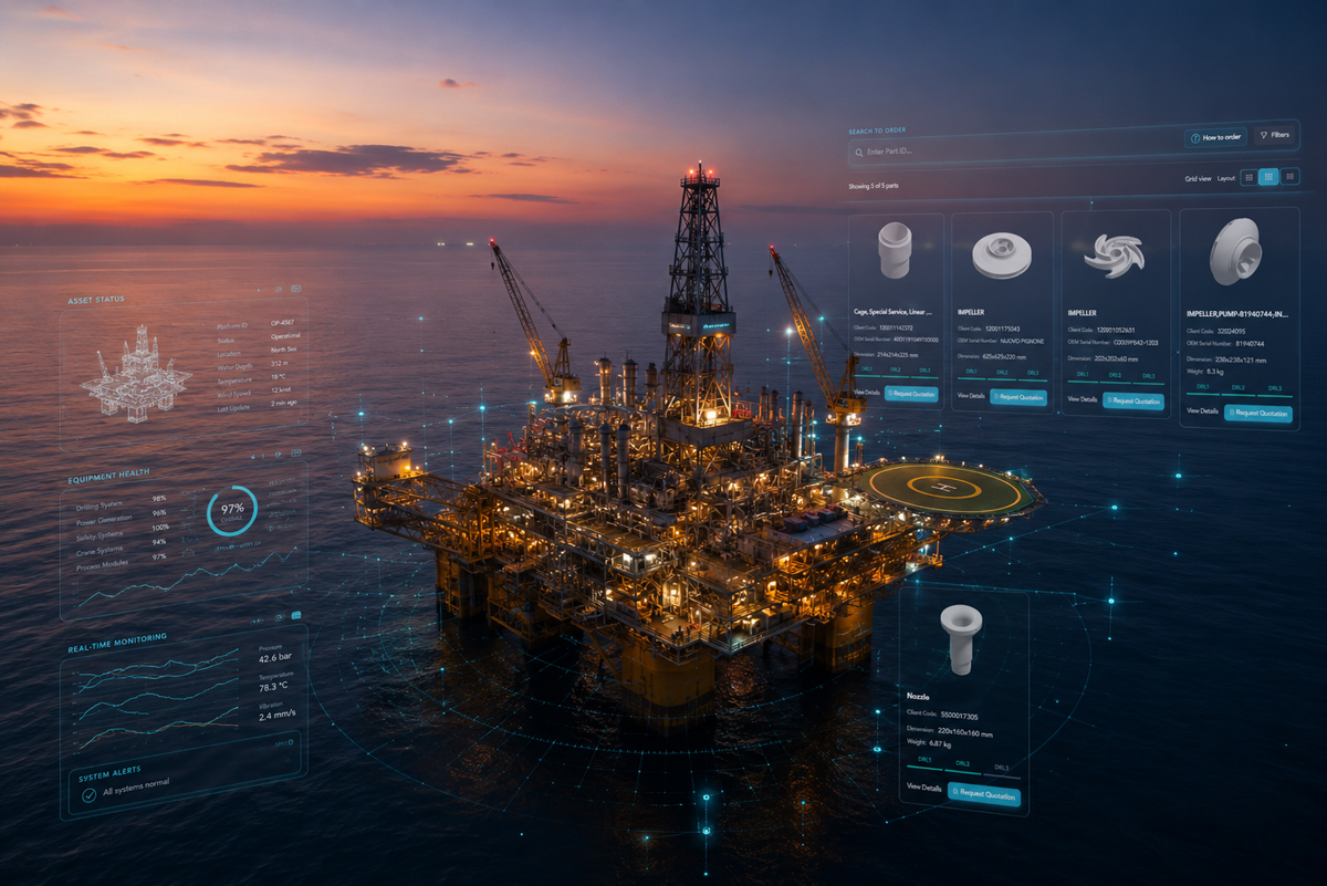 Offshore oil and gas platform representing spare parts supply chain resilience with Immensa