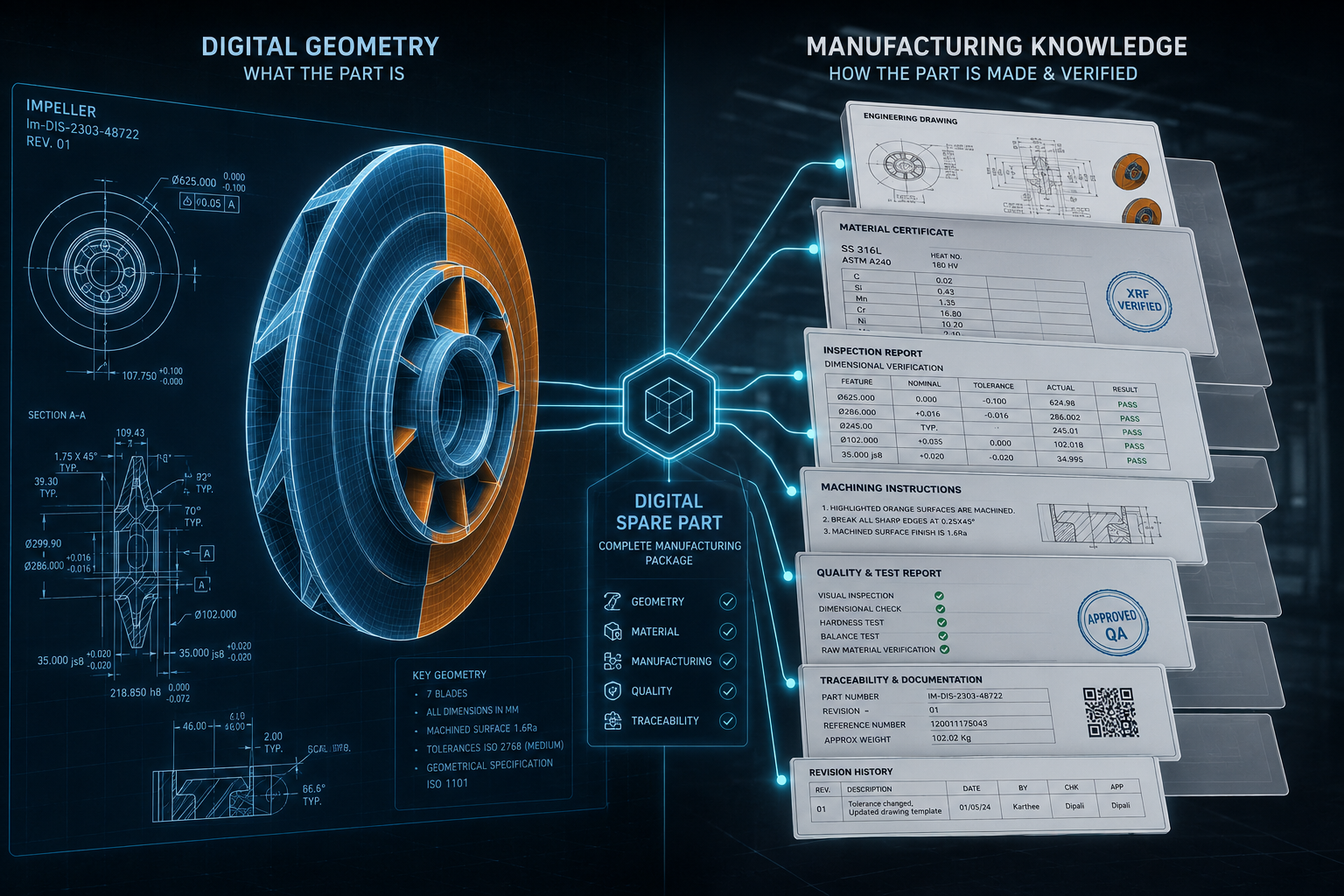 Digital spare parts combining CAD geometry with manufacturing and quality documentation