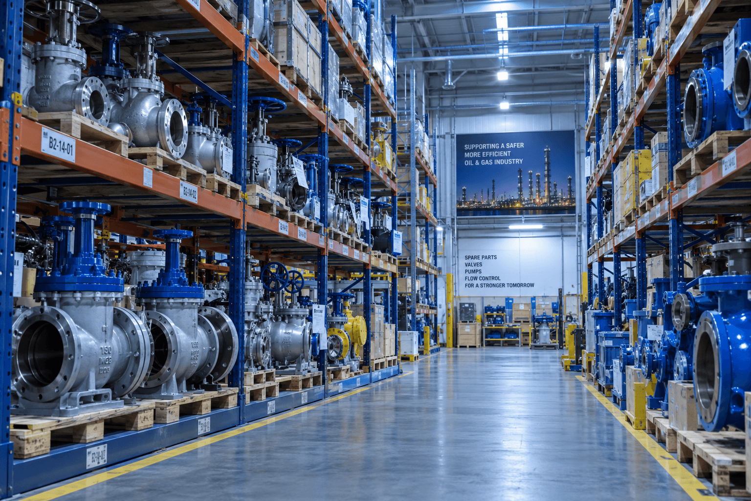 Warehouse aisle stocked with industrial valves and spare parts held as physical inventory at an energy facility