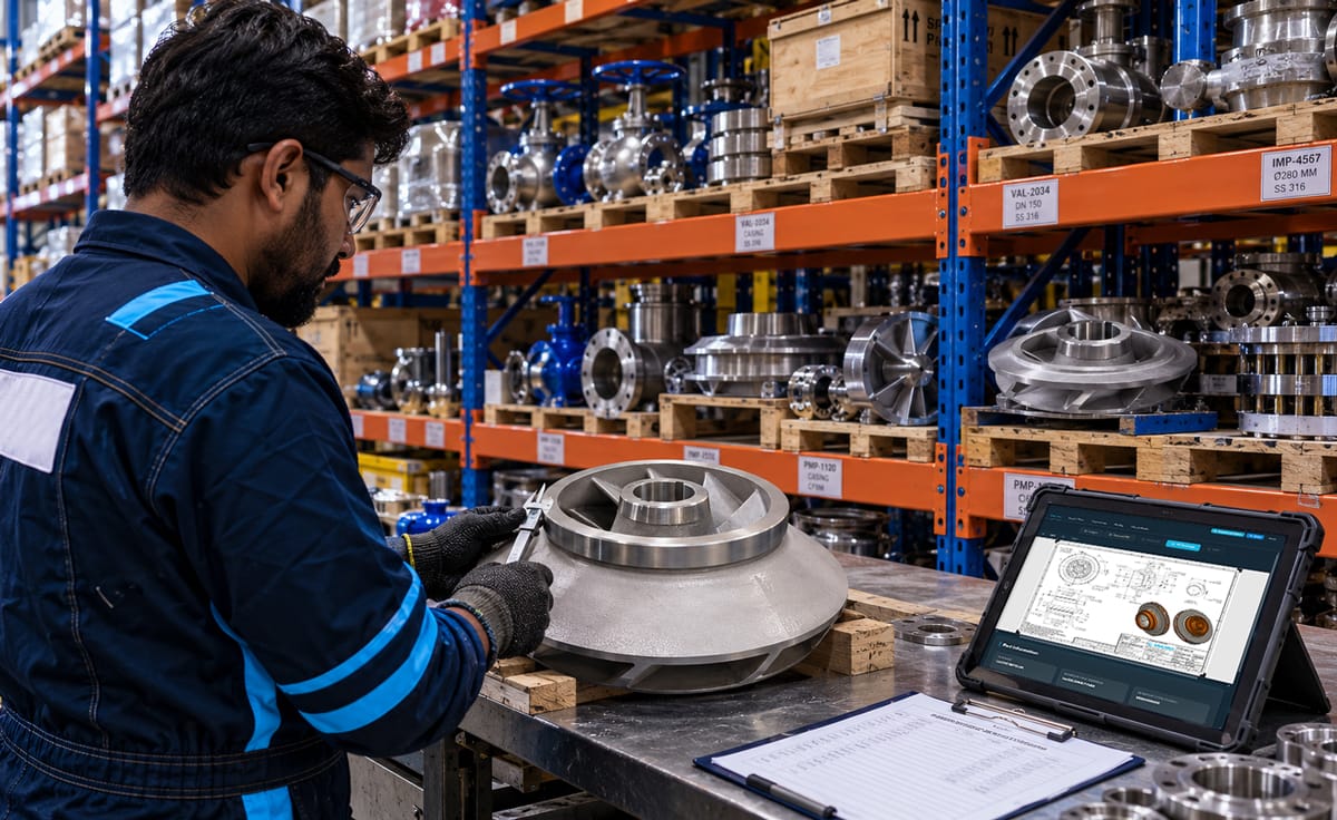 Engineer inspecting a stored pump component in a warehouse to check whether the spare part is ready for use