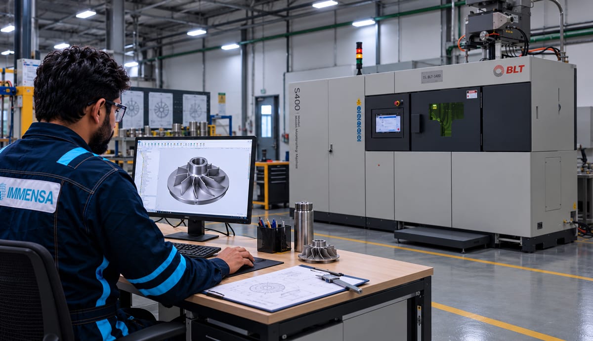 Engineer designing a metal impeller in an industrial lab as part of digital inventory and advanced manufacturing